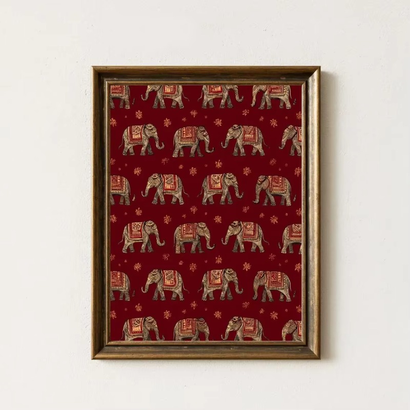 Interior Design Landscape - Indische Olifant Patroonprint, Rode Textiel Wandkunst,