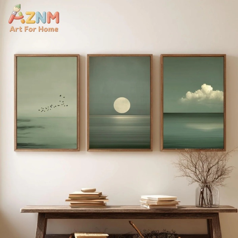Abstract Canvas Set - Saliegroene Oceaan Wandkunst Set van 3,