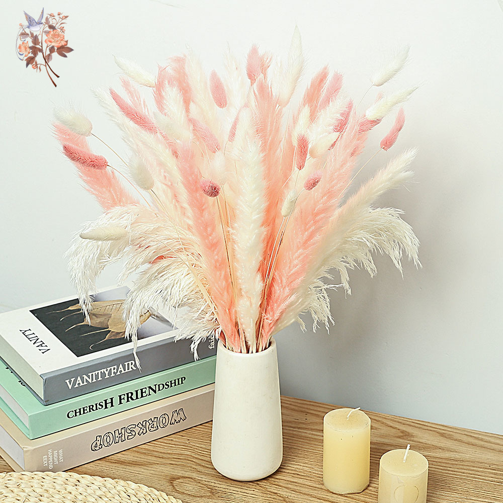 Dried Pampas Bundle - 62 Stuks Wit Riet Roze Konijn