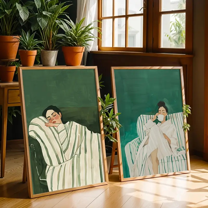 Abstract Canvas Set - 2 stks/set abstracte figuur smaragdgroen gestreepte