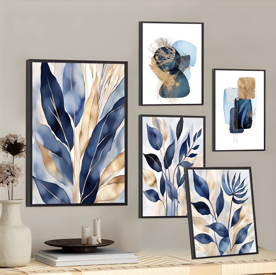 Interior Design Landscape - Luxe blauwe bladeren ontwerp poster kleverige