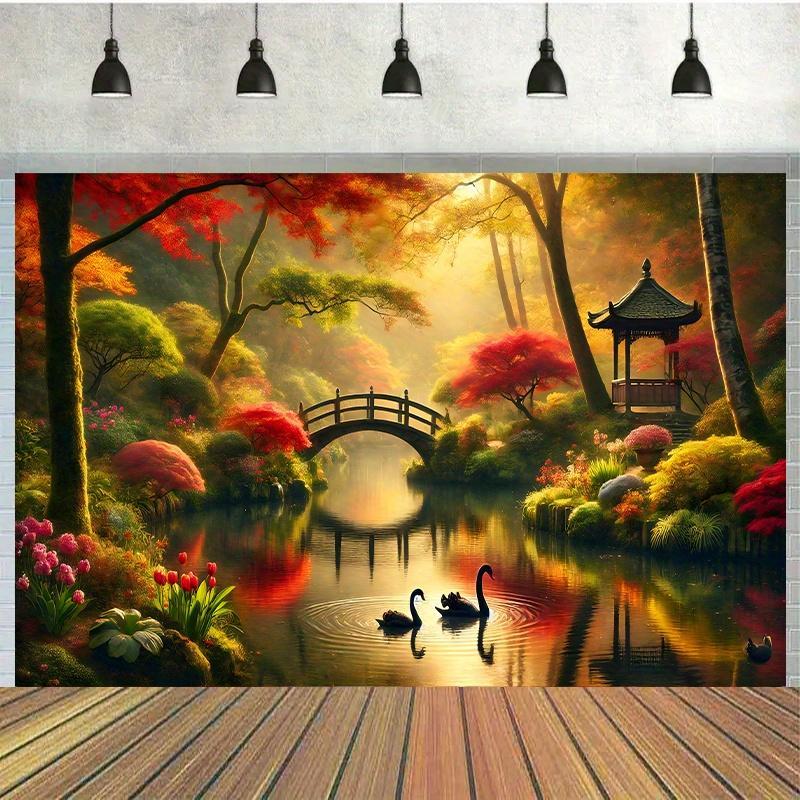 Interior Design Landscape - Herfst Tuin Brug Zwanen Wandtapijt 2D